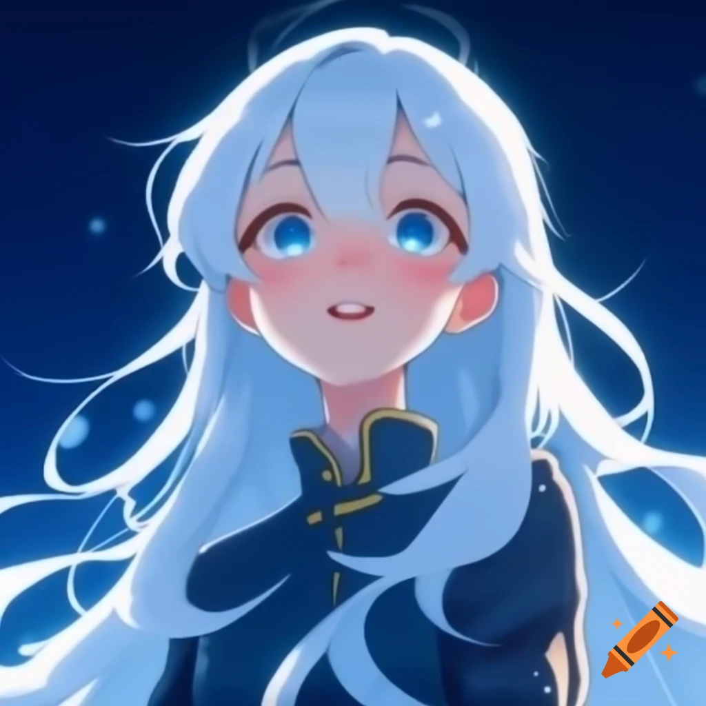Energetic female anime character with long white hair and light blue eyes
