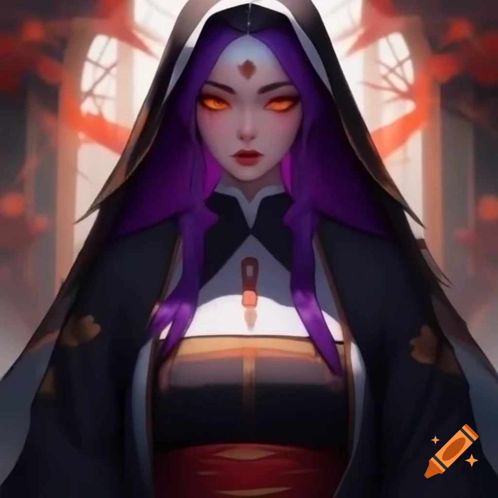 Character Xiáng with dark purple hair and orange eyes in traditional nun attire with Hunt Aeon symbols