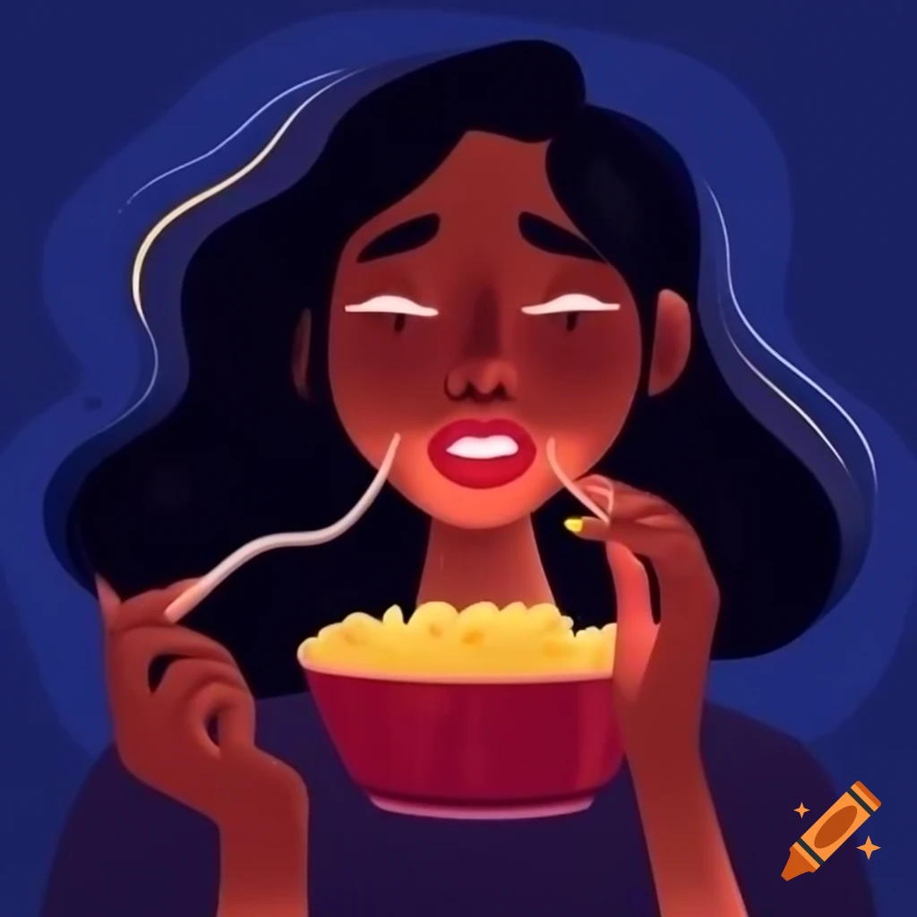 Woman enjoying a midnight snack in a cozy setting