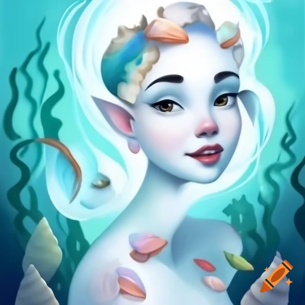 Realistic mermaid smiling with shells and fish in ocean background, high-resolution illustration