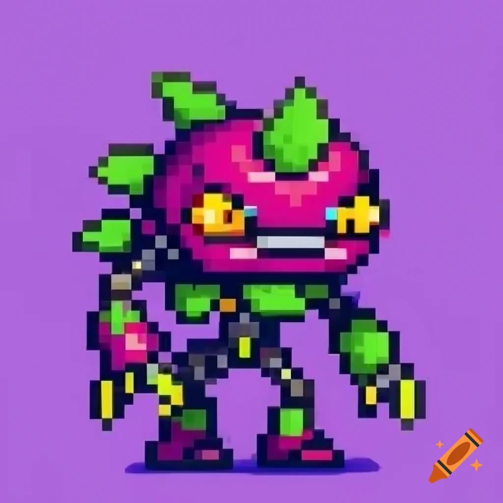 Pixel art plant monster game sprite with robotic features