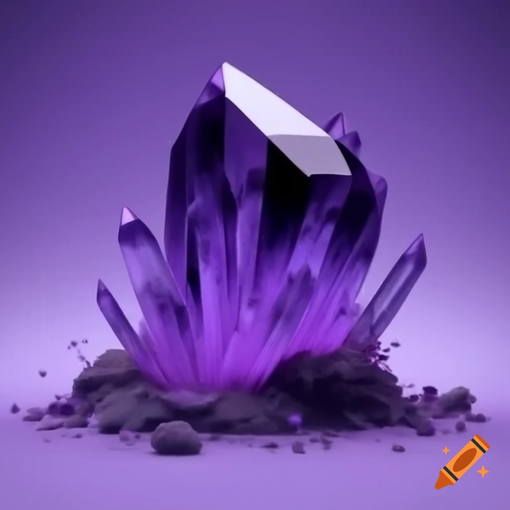 Giant reflective purple crystal emerging from ground with clusters at base