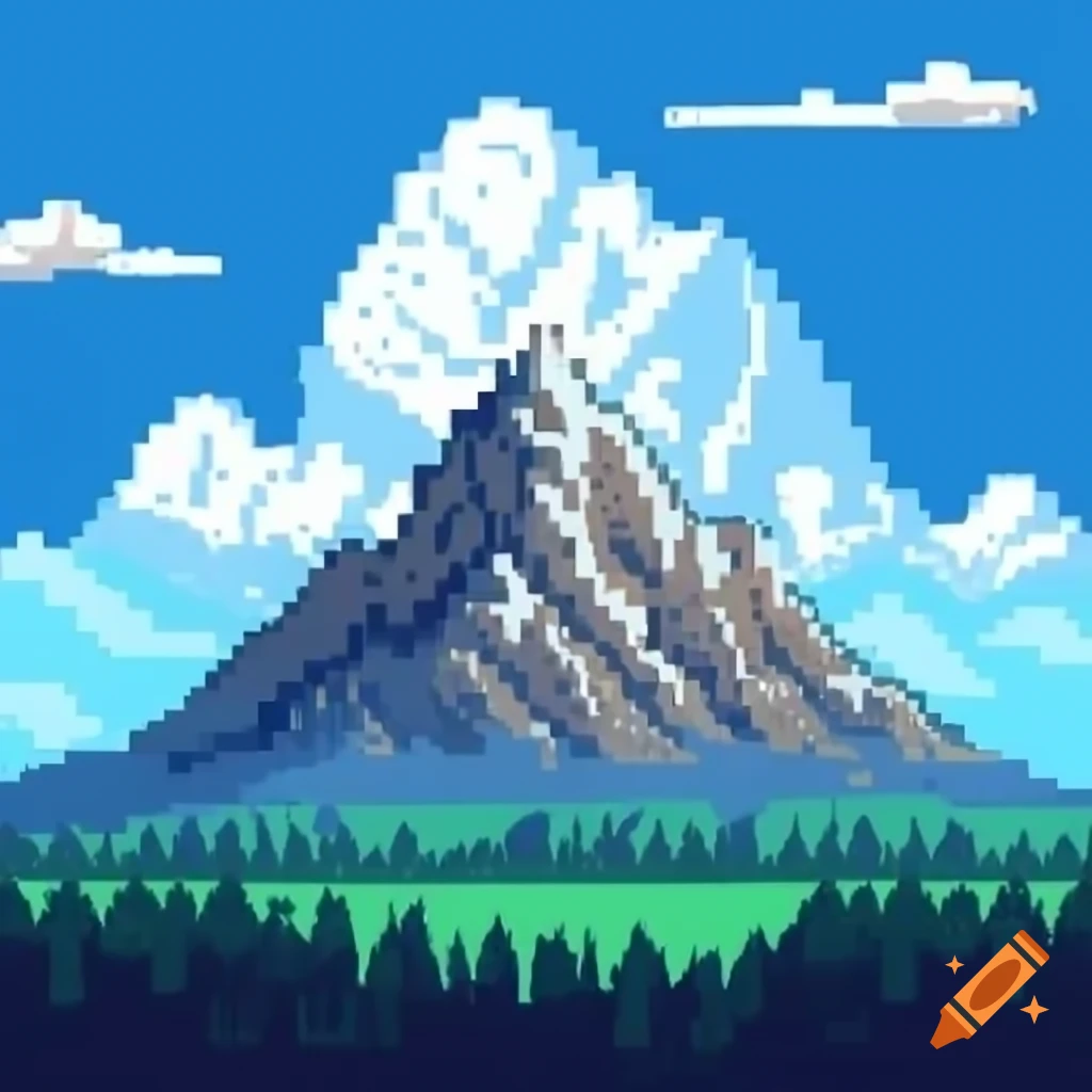 Pixel art depicting mountains and forest with blue sky