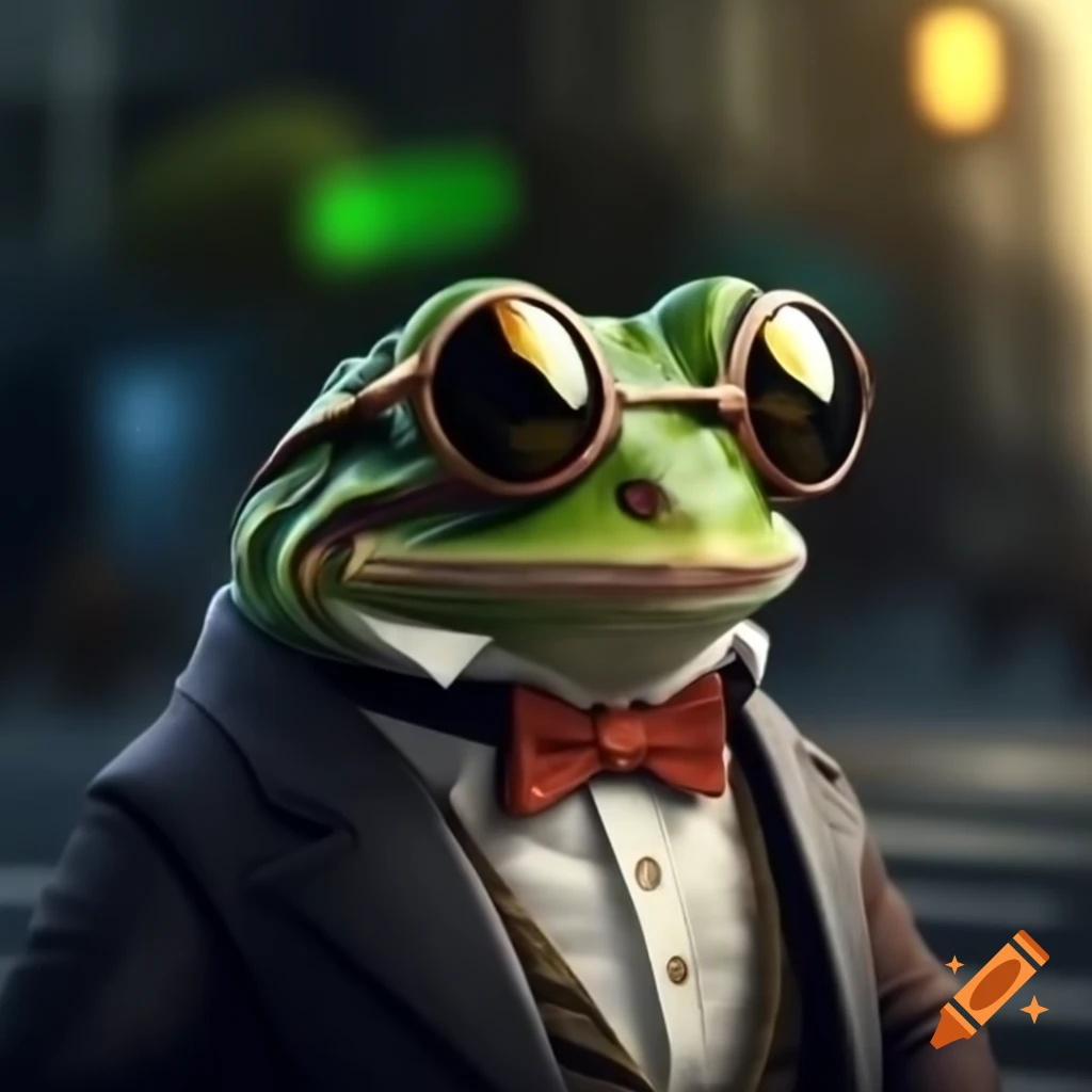 Blind frog in tuxedo with rounded sunglasses crossing street, 1890s style