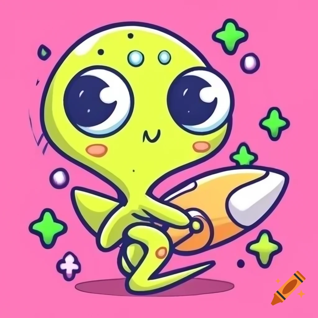 Cute cartoon alien with yellow body and spaceship in pink background, line drawing