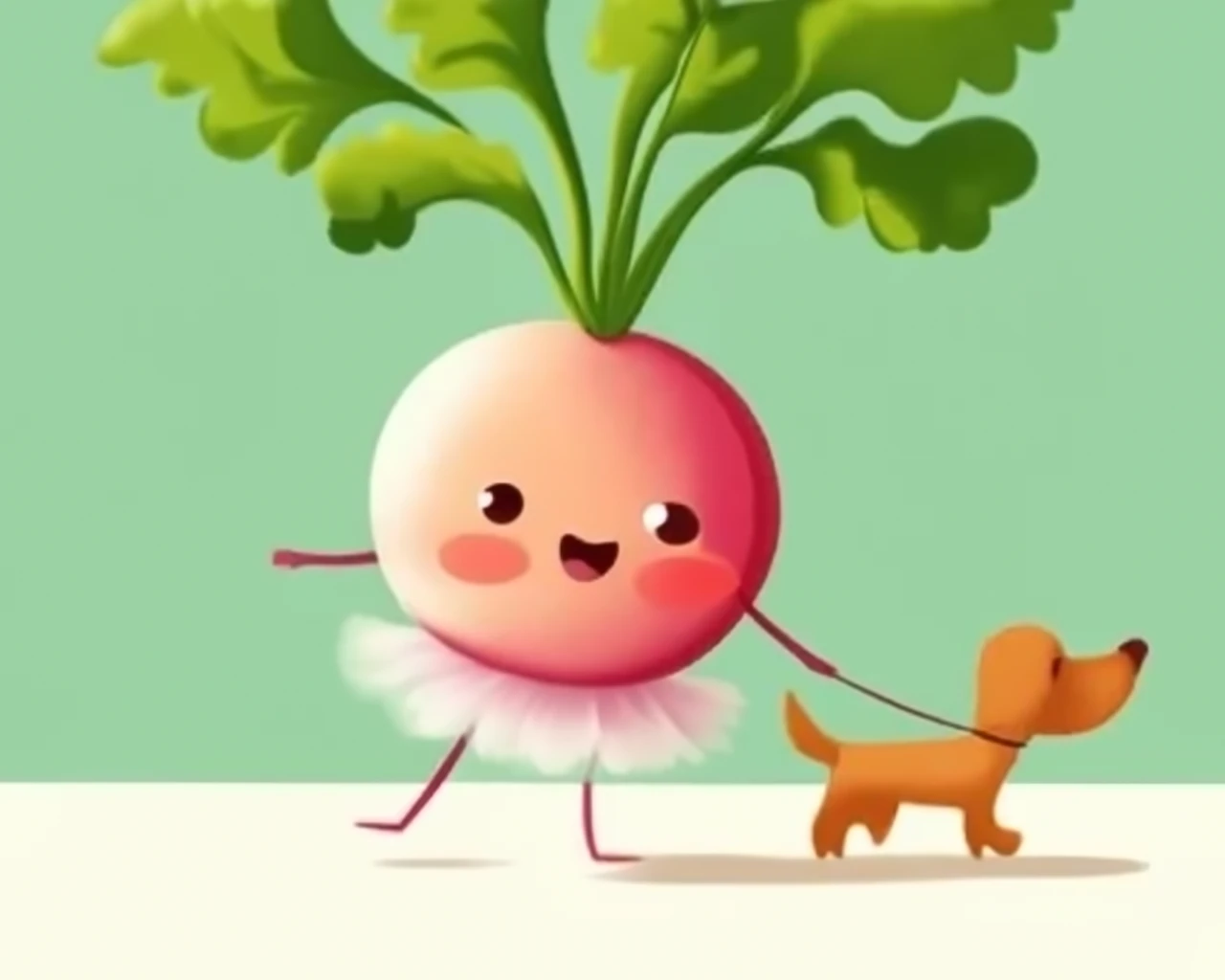 Cute illustration of baby daikon radish in tutu walking a dog on Craiyon