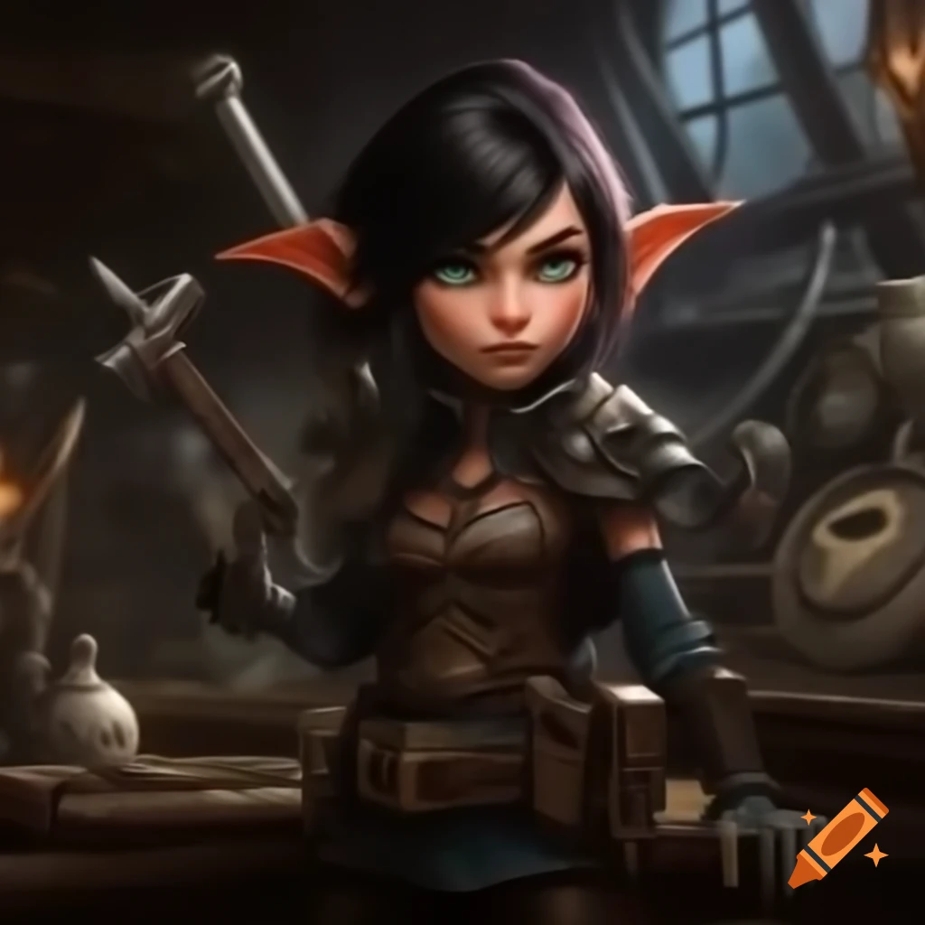 D&D gnome rogue with daggers in steampunk workshop