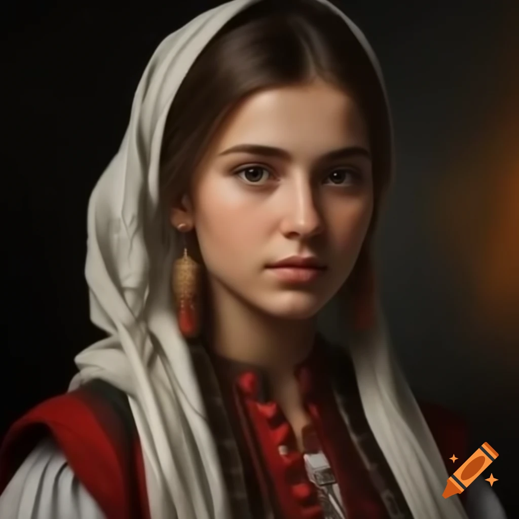 Realistic portrait of a young Bulgarian woman in traditional clothing