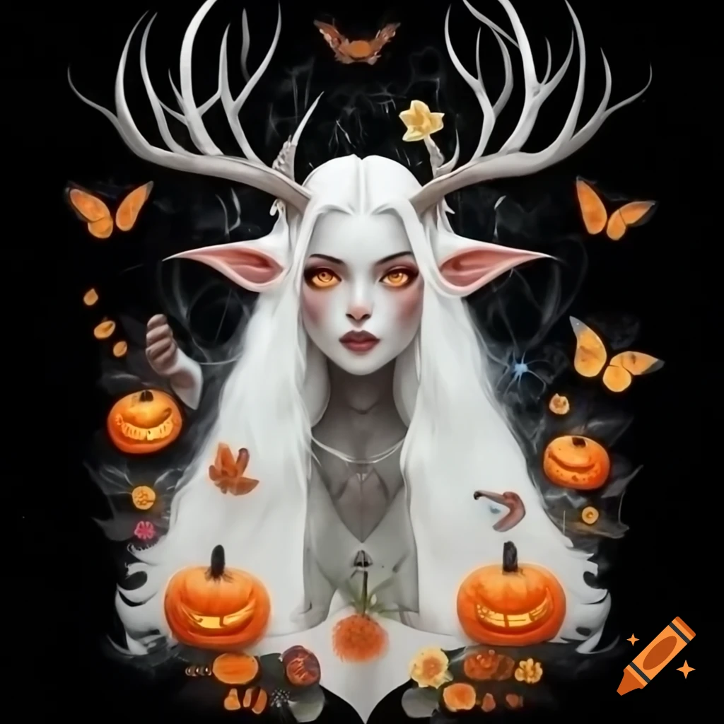 Portrait of a mystical witch with antlers surrounded by flowers and pumpkins, illustration by Ernst