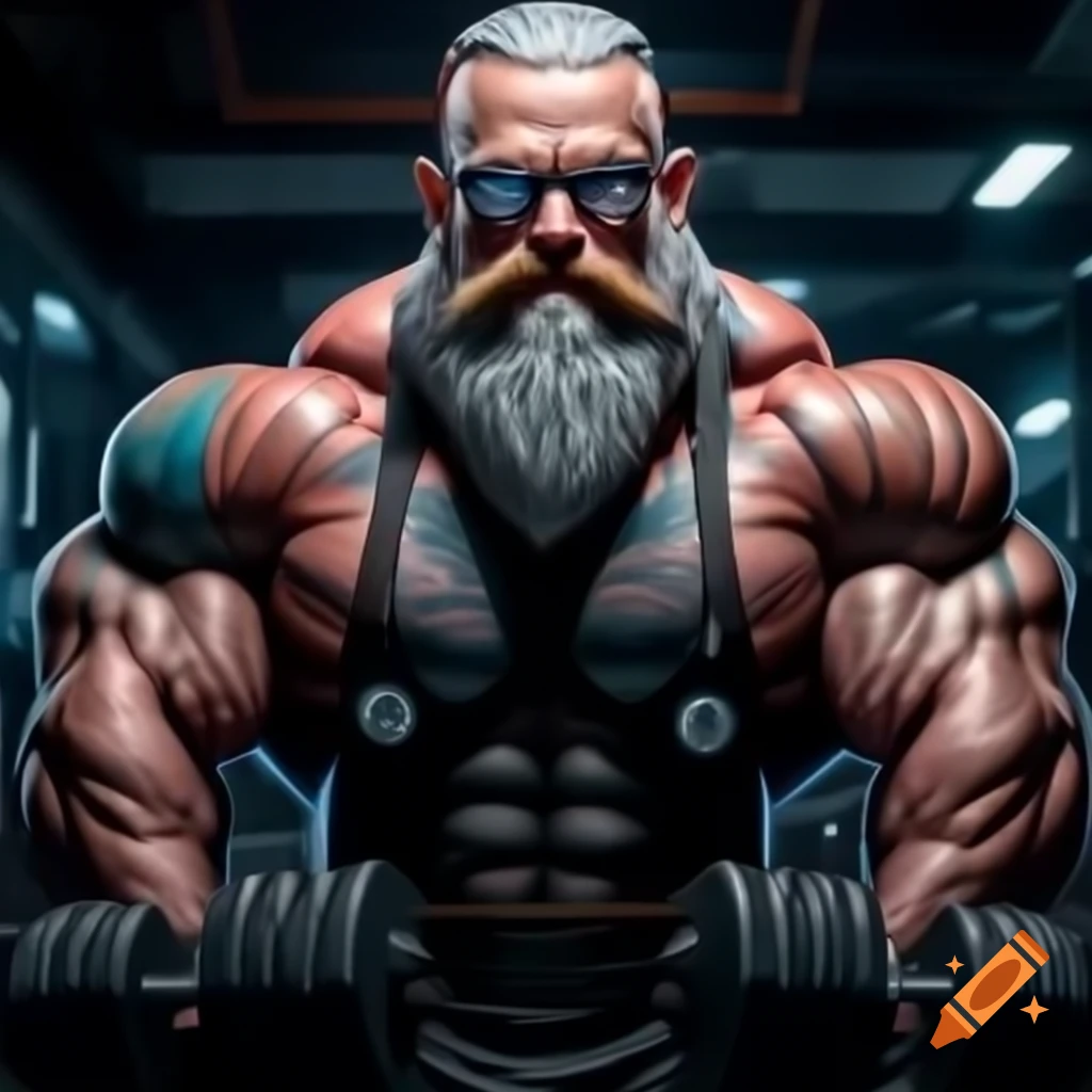 Muscular nerd with glasses lifting weights in tattooed gym environment