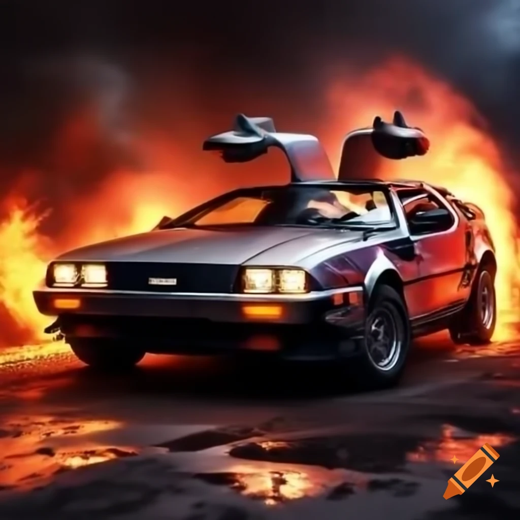 Delorean car engulfed in flames