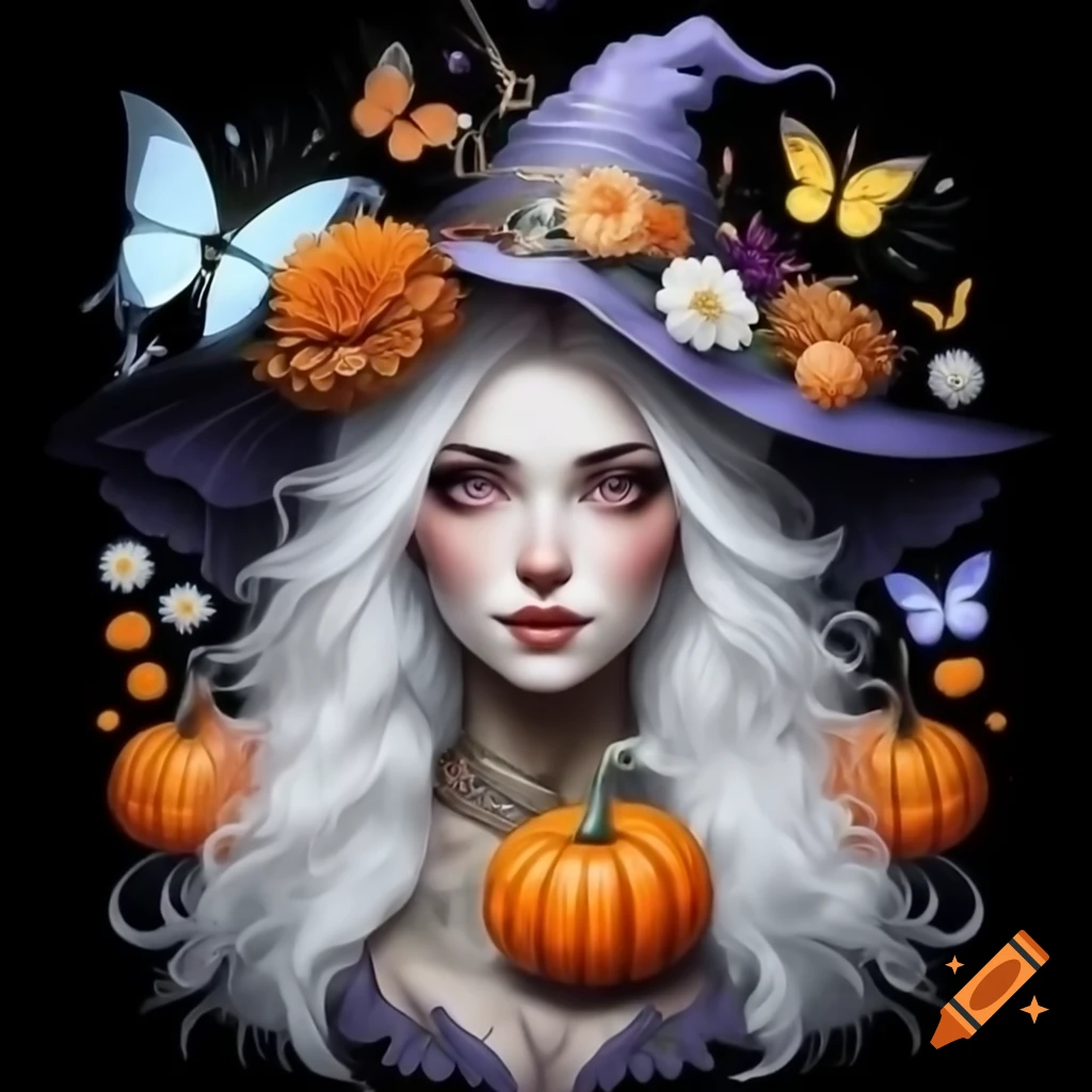 Beautiful white mystical witch with flowers and butterflies on black background