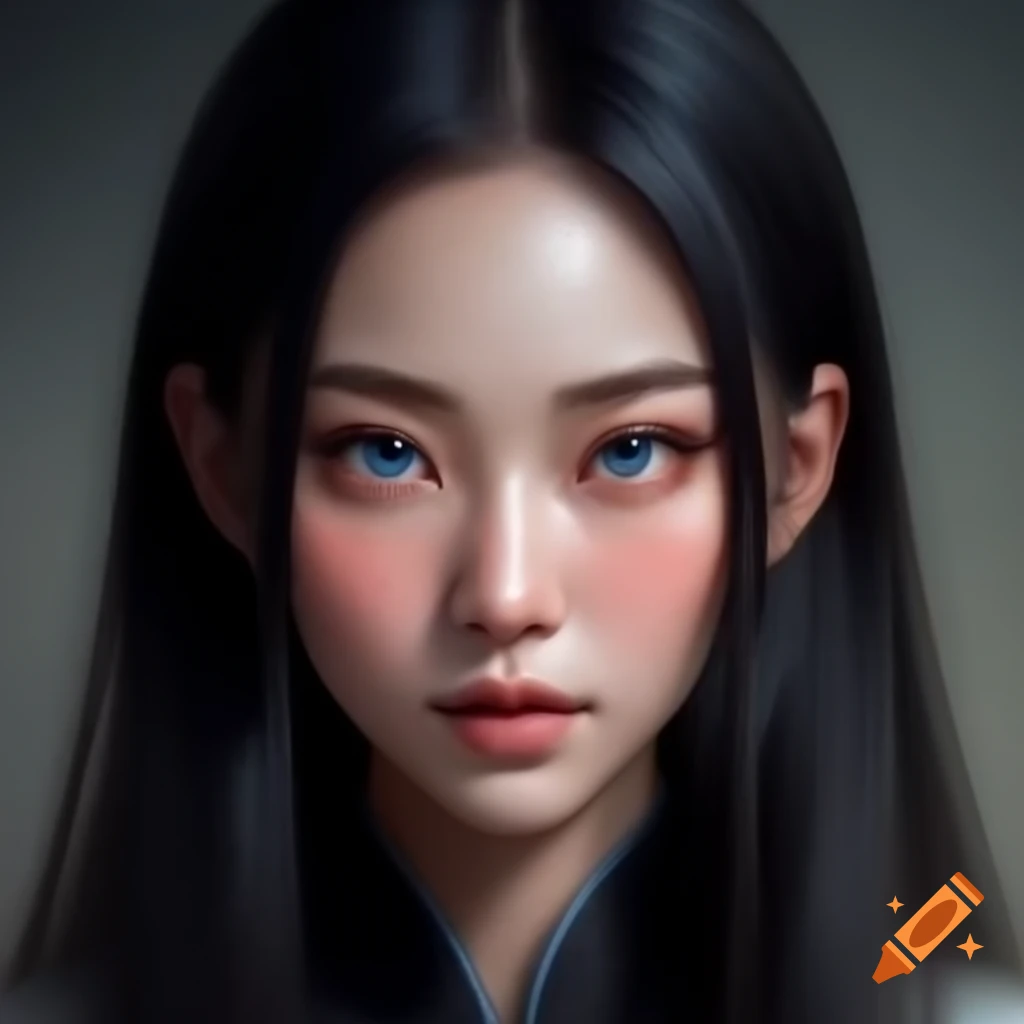 Beautiful Asian woman with straight hair and blue eyes, realistic detail