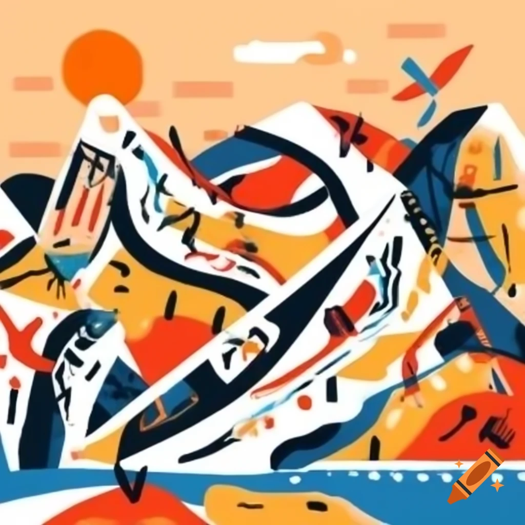 Contemporary abstract art inspired by glacier sunset with flame and flying condor