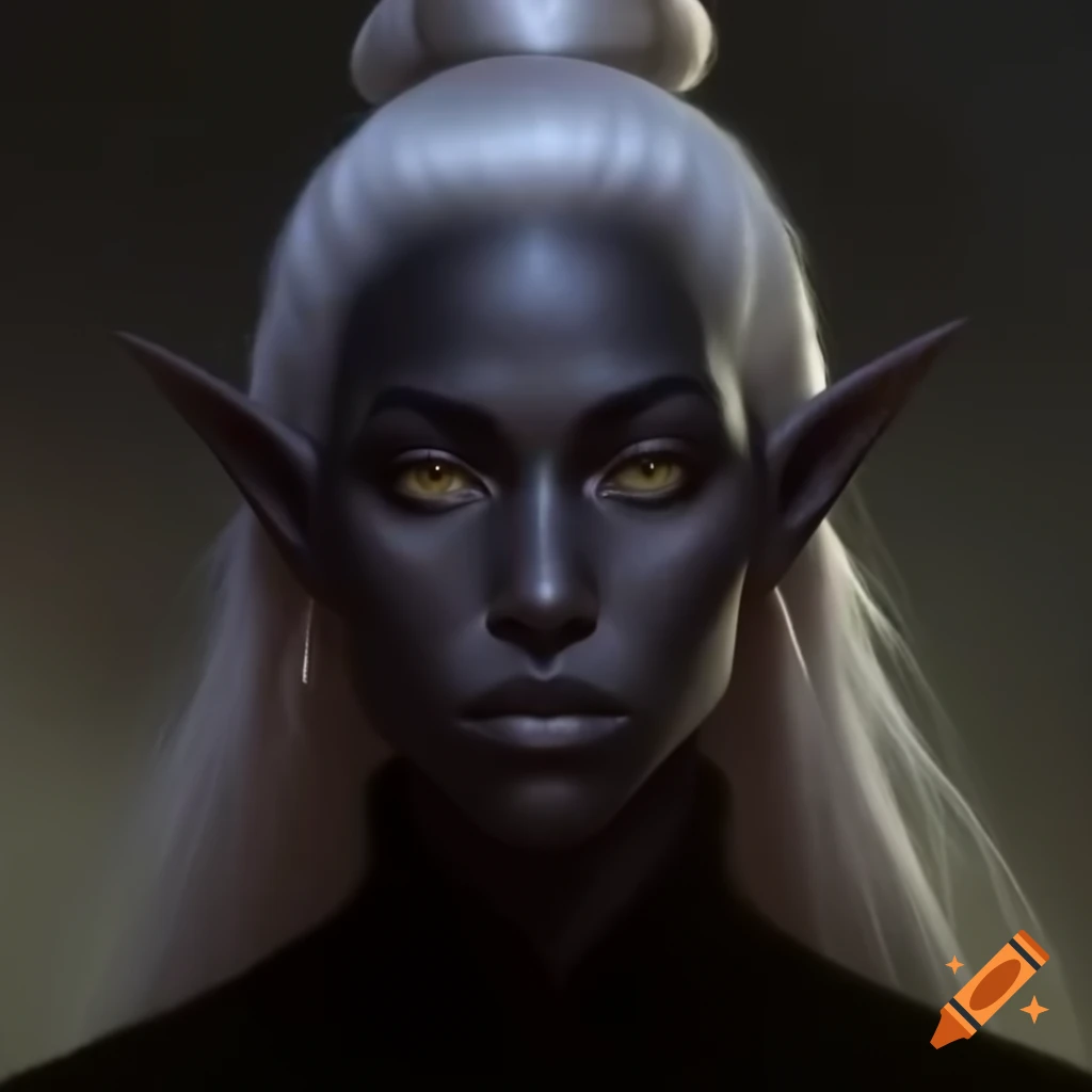 Dark elf monk with black skin and white hair looking at the camera
