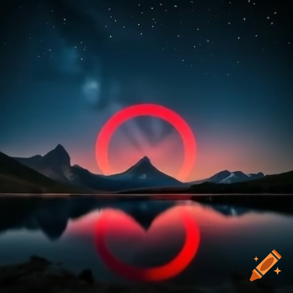 Red circle in night sky reflecting in mountain lake with stars