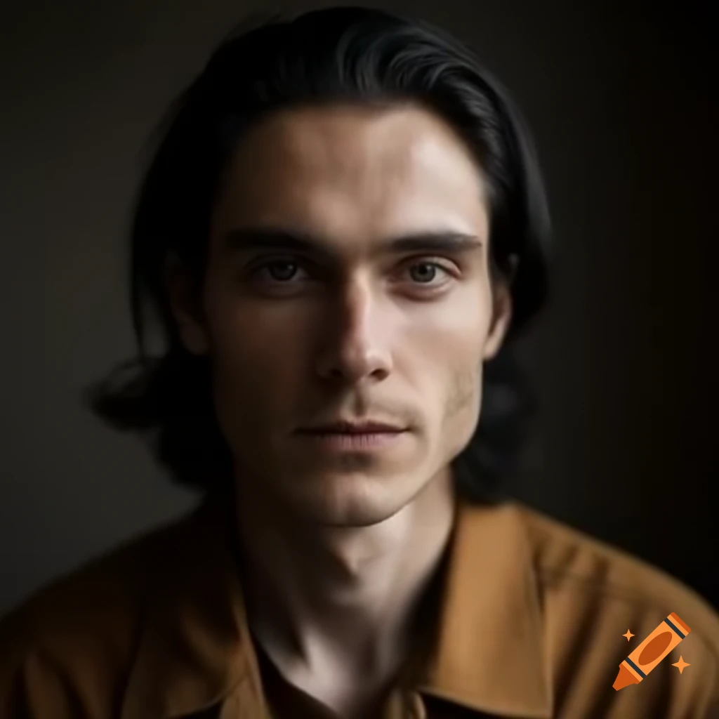 Caucasian man with black hair in brown work suit