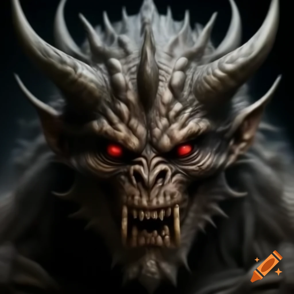 Realistic monster with three horns and red eyes