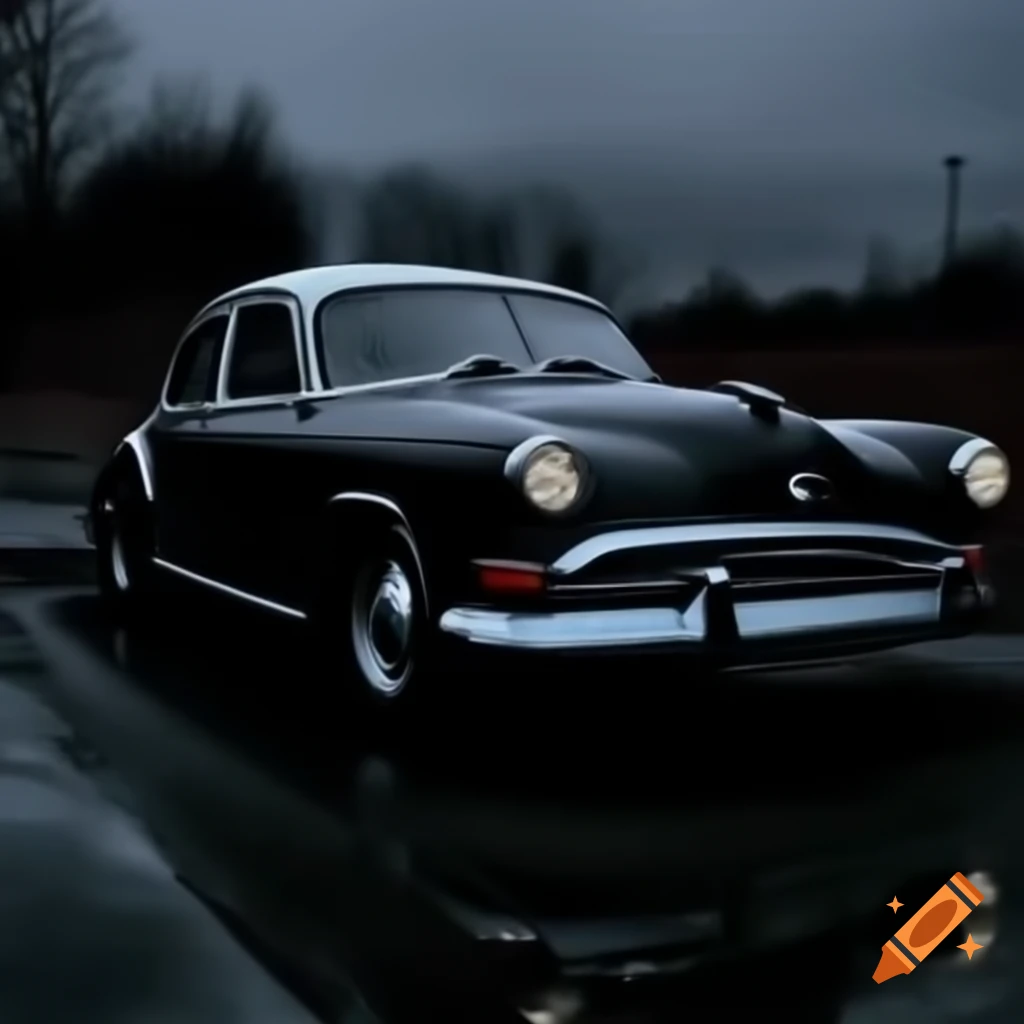 Black Volga car depicted in horror novel style