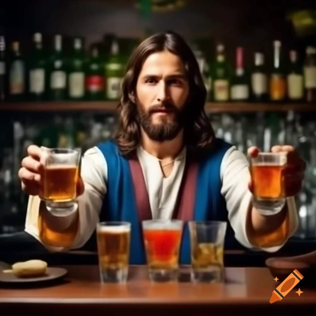 Conceptual art of jesus serving drinks at a bar with multiple mugs on ...