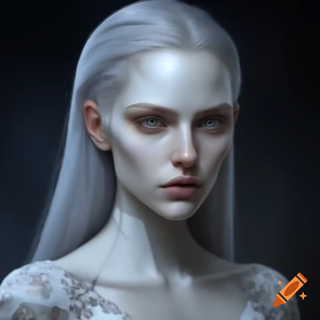 Middle aged woman with silver long hair in white and silver lace dress
