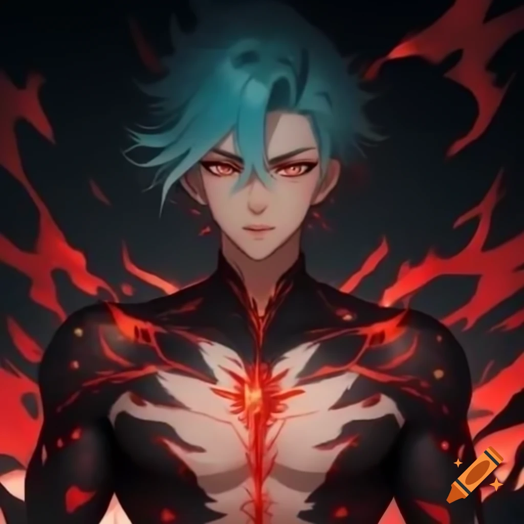 Well built male anime character with aqua hair and crimson highlights, dressed like a gentleman