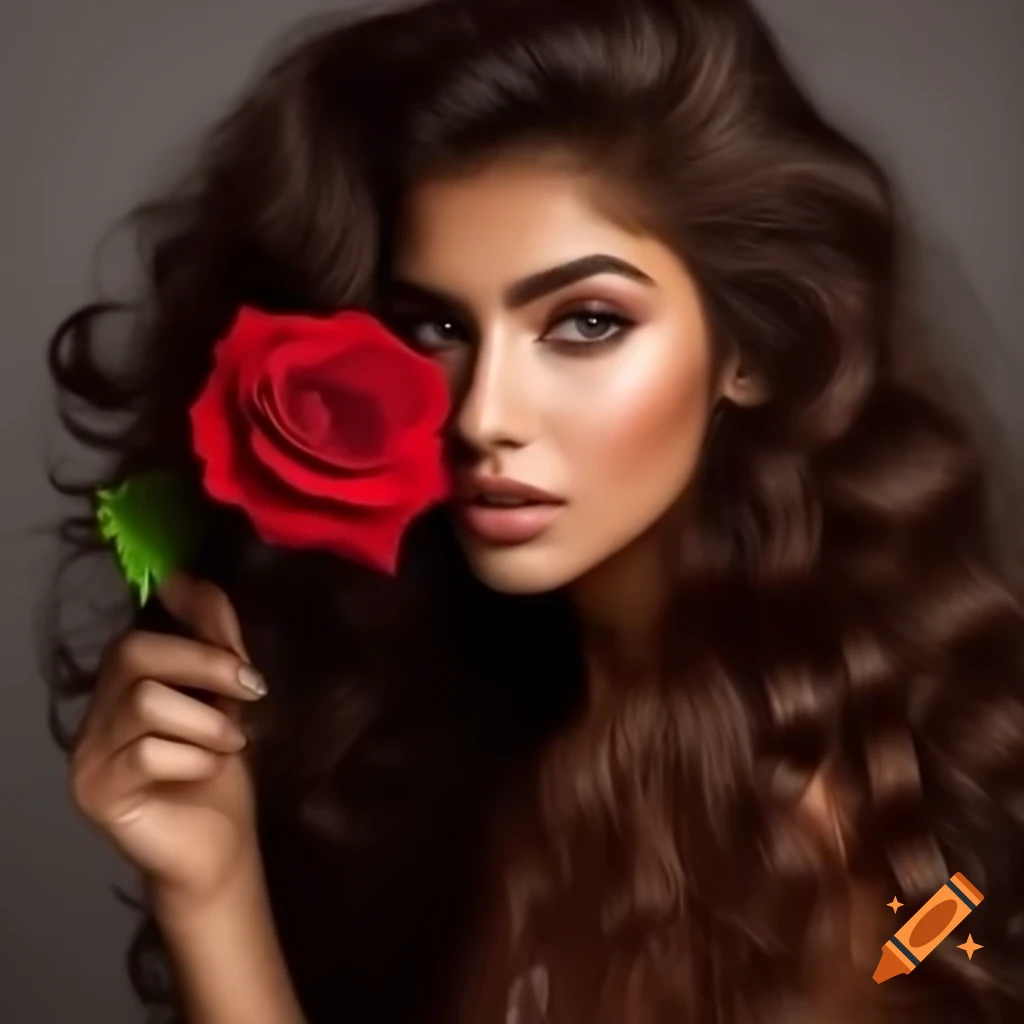 Woman with long brown hair smelling red rose