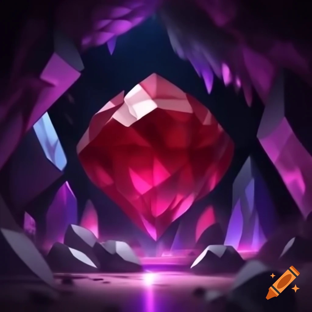 Gigantic red ruby in crystal cave in Yu-Gi-Oh art style