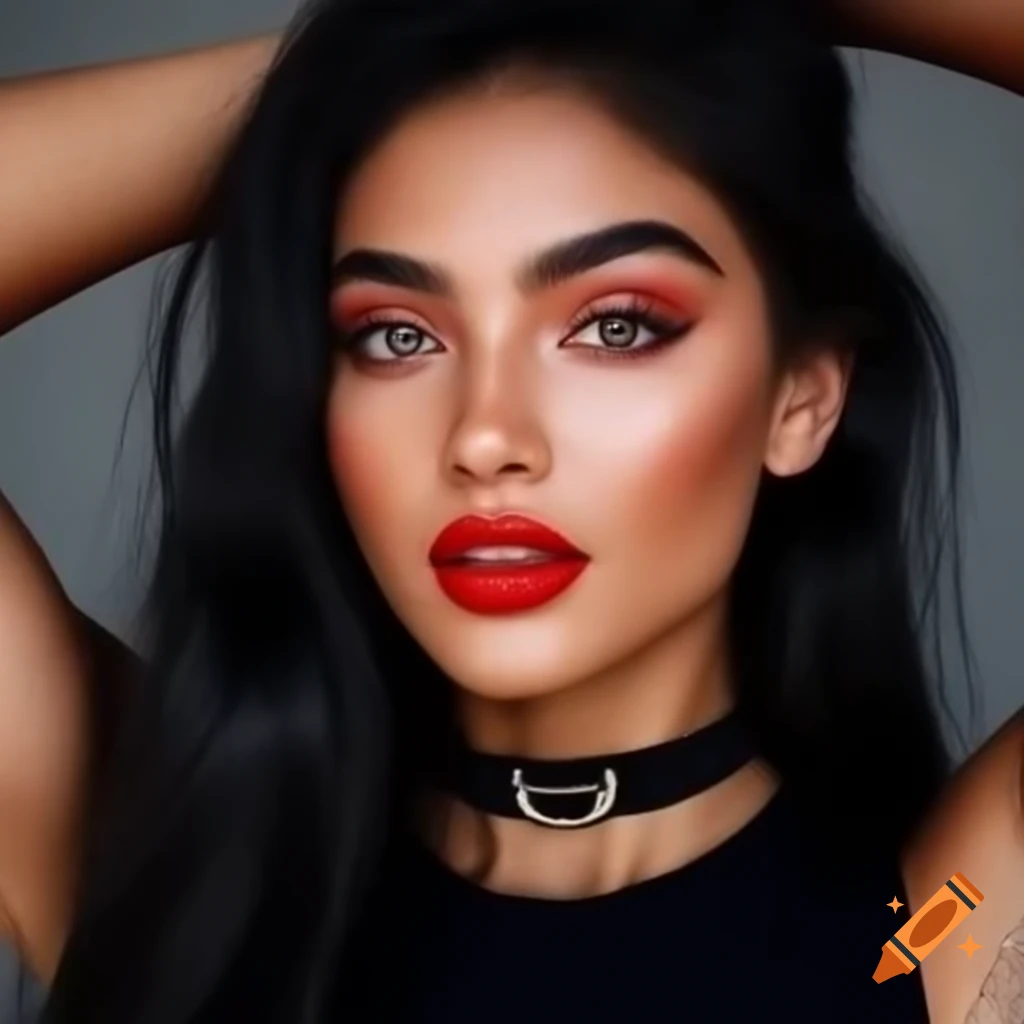 Elegant young woman with black hair and red lipstick smiling in dark clothing