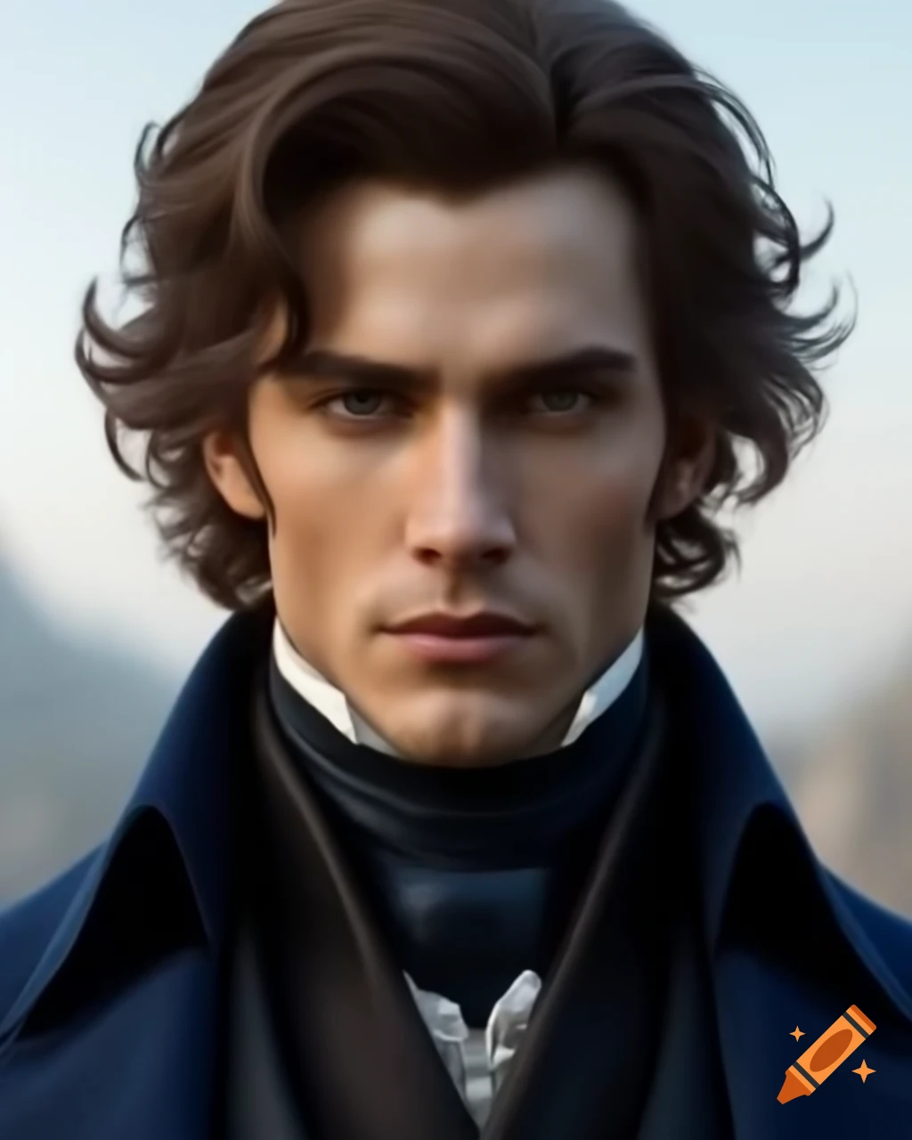Handsome man with brown hair in dark blue frock coat, three quarters portrait, fantasy fashion style