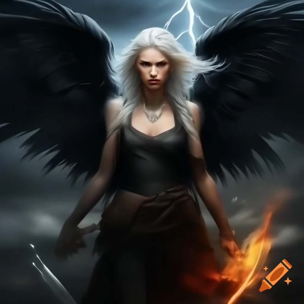 Angry woman with long white hair and black wings tinged with fire