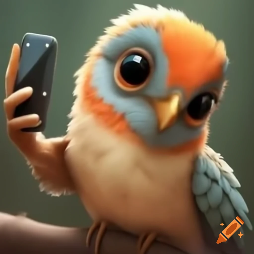 Bird taking a selfie, playful and whimsical
