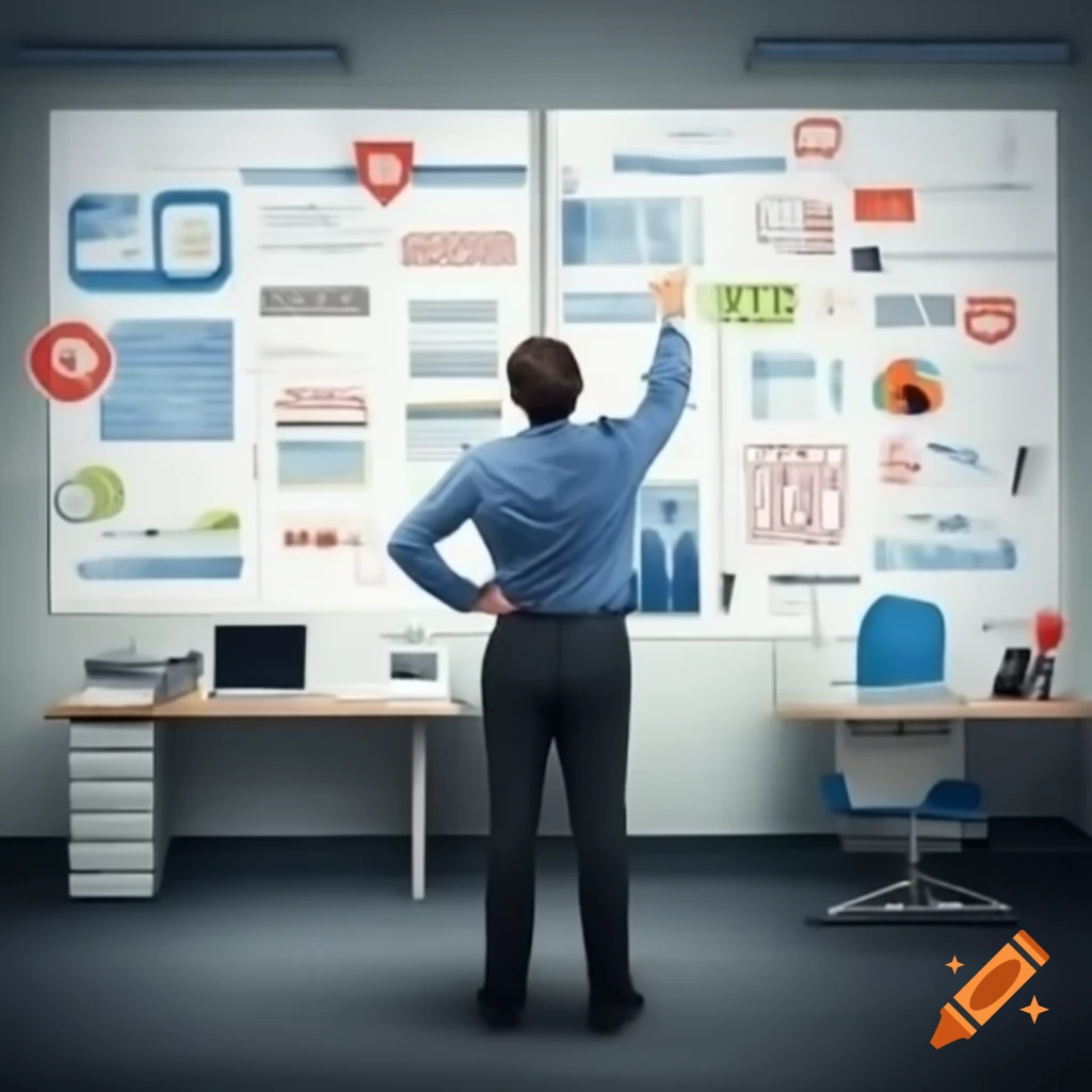 Sales executive in office analyzing whiteboard filled with goals and ...