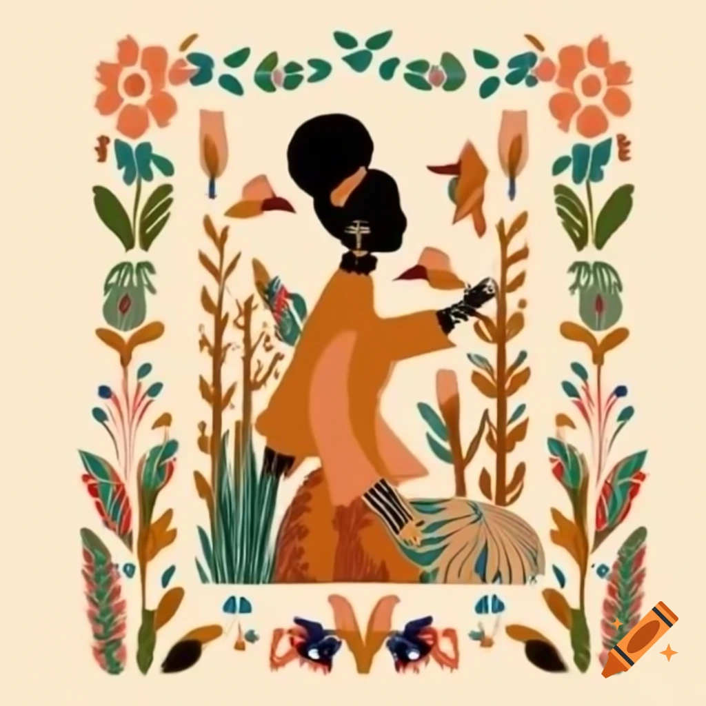 American folk art illustration of Black woman in traditional dress outdoors