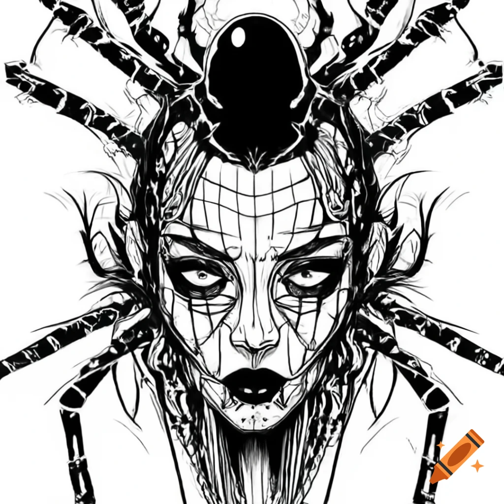 Biomechanic cyberpunk black widow spider with human-like distorted face in Junji Ito style