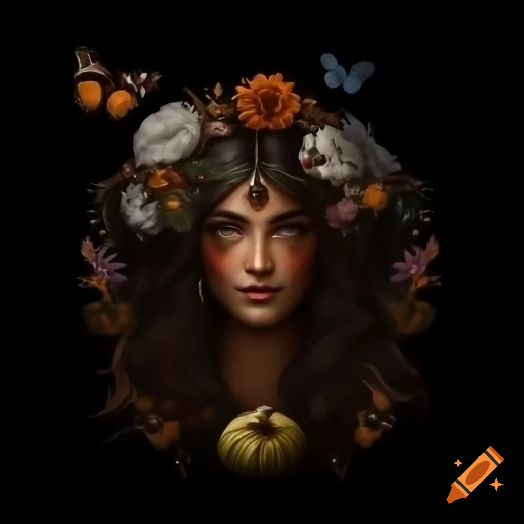 Mystical gypsy with a crystal ball surrounded by flowers, pumpkins, butterflies, and birds