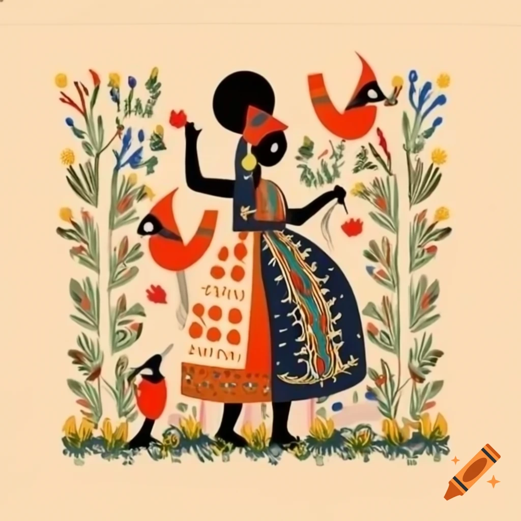 American folk art illustration of Black woman in traditional dress outdoors