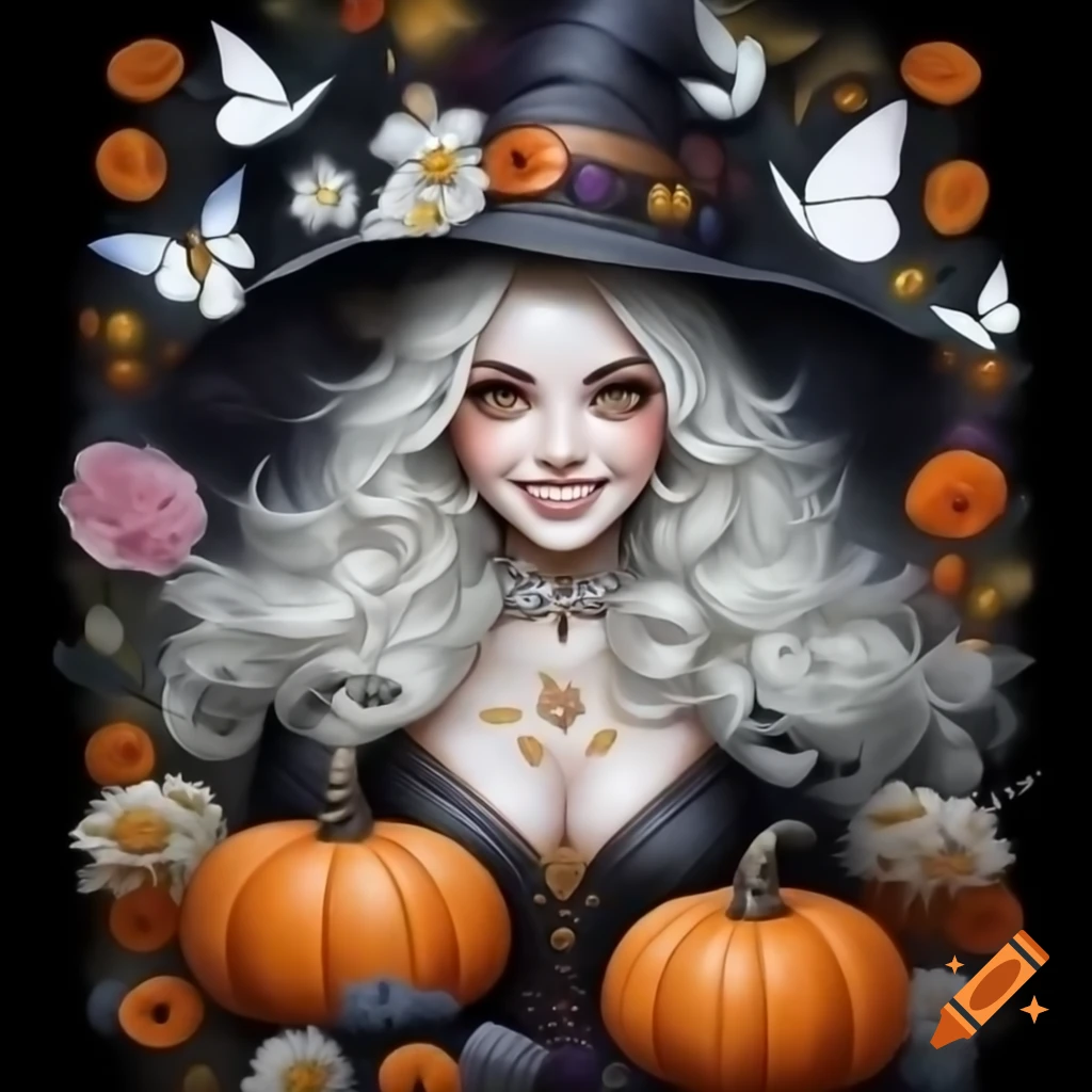 Portrait of modern witch with flowers and butterflies on black background