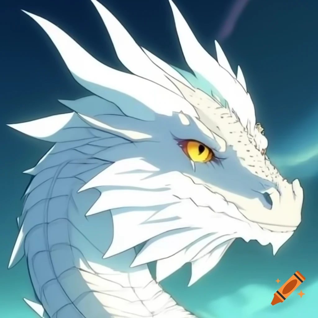 Anime headshot of large ancient dragon with white scales and yellow irises
