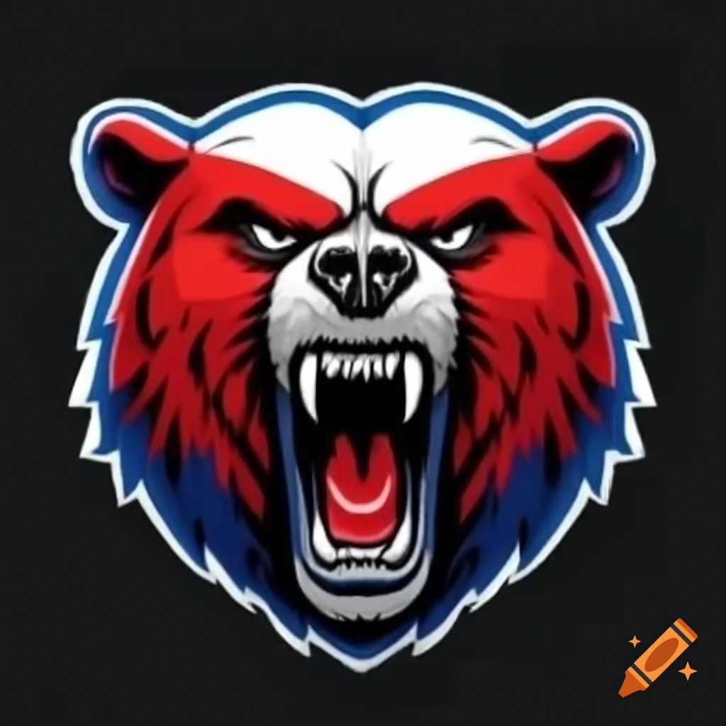 Aggressive bear logo in red, white, and blue with Bavarian flag background