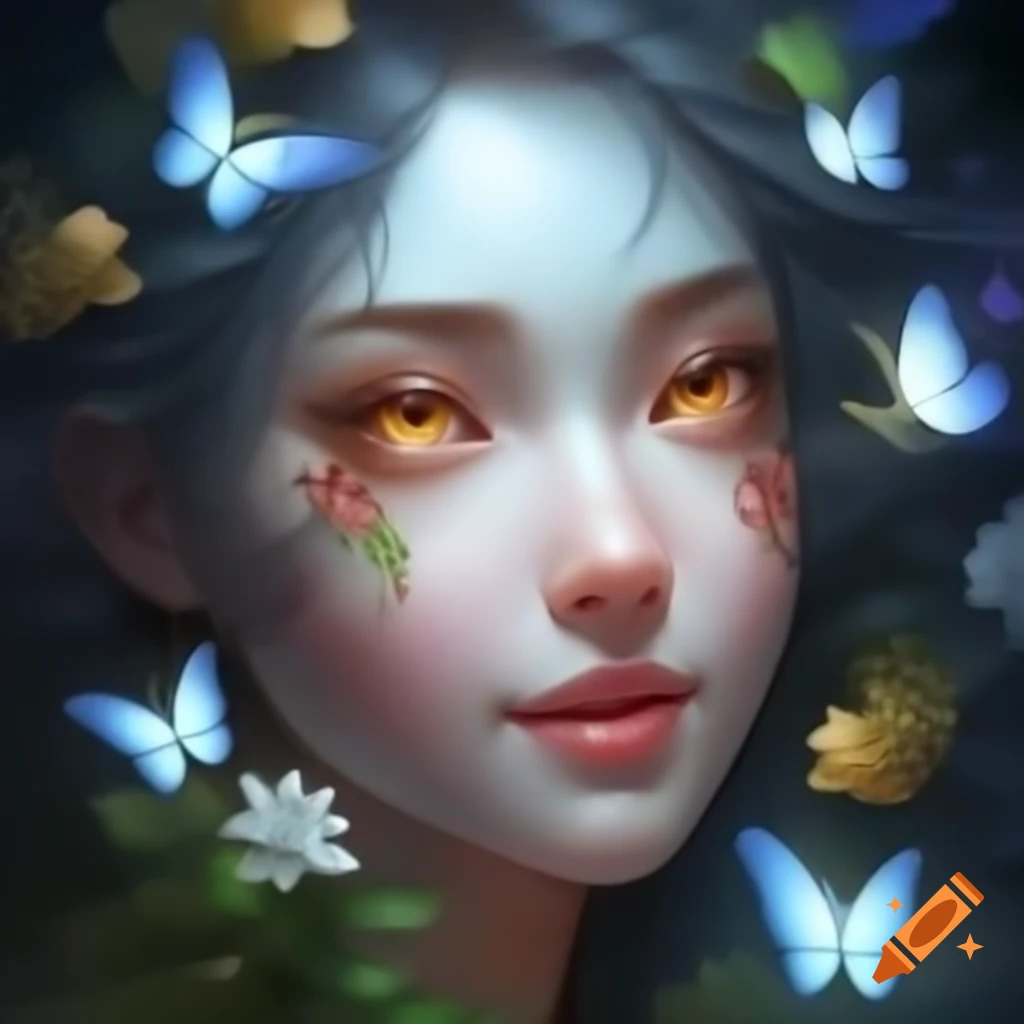 Portrait of a white goddess with glowing black hair surrounded by flowers, leaves, and butterflies