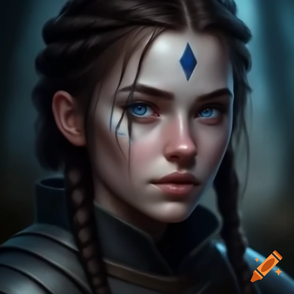 Medieval-style portrait of a warrior woman with blue eyes and dark braids