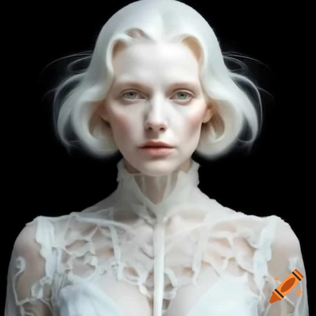 Middle aged woman with silver hair in white and silver lace dress