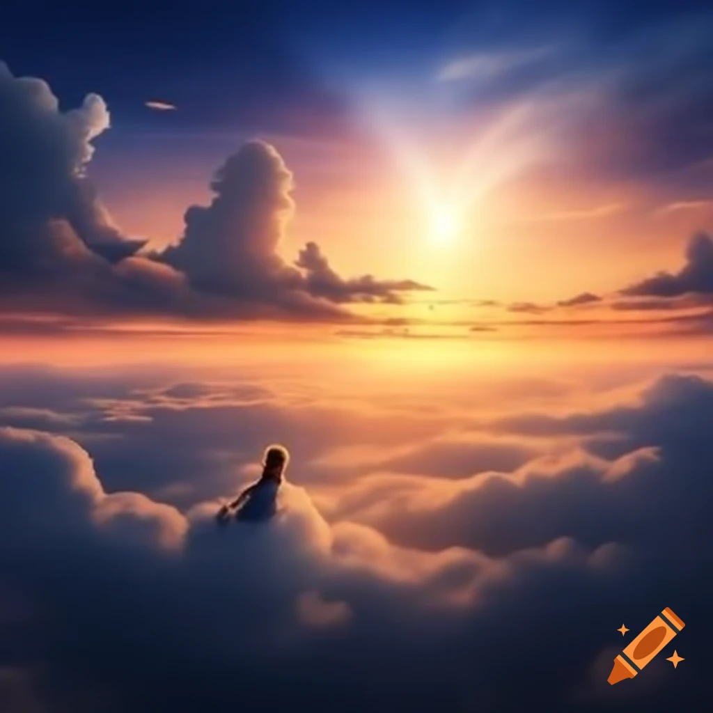 Beautiful sunrise with angel sitting in clouds as guiding star