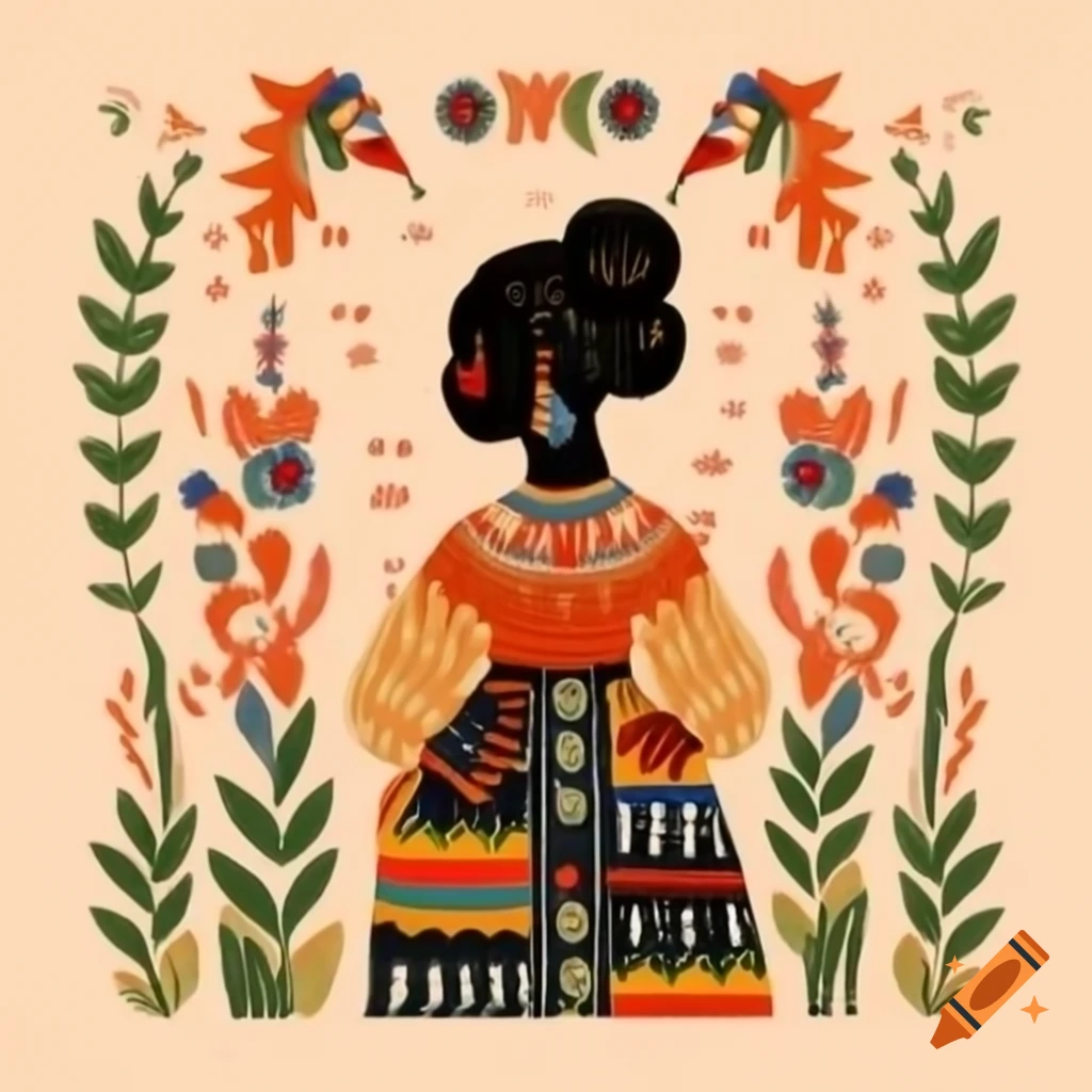 American folk art illustration of Black woman in traditional dress outdoors