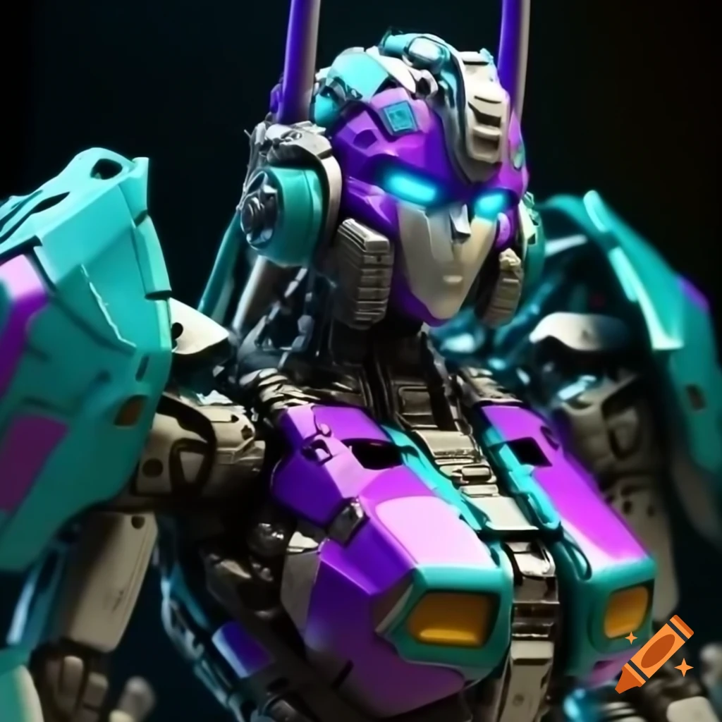 Female jet bot Transformer in teal, purple, and grey colors