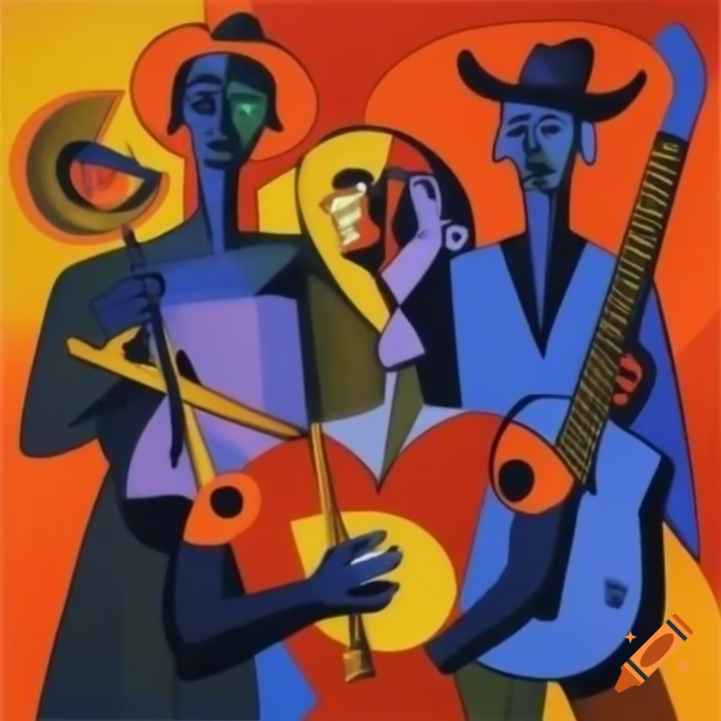 Musicians in outer space depicted in Picasso style