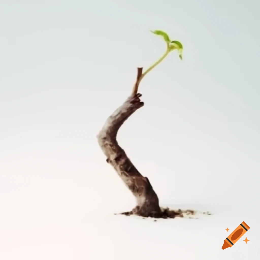 Dead branch with green sprout against white background