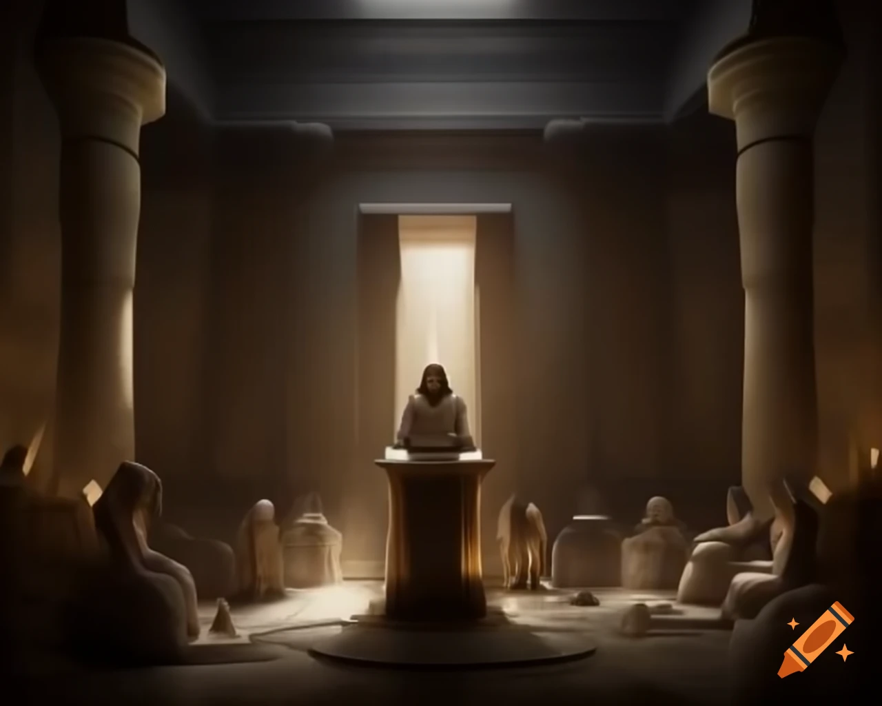 Egyptian ritual room with dark ambiance and ornate pedestal surrounded by royal audience