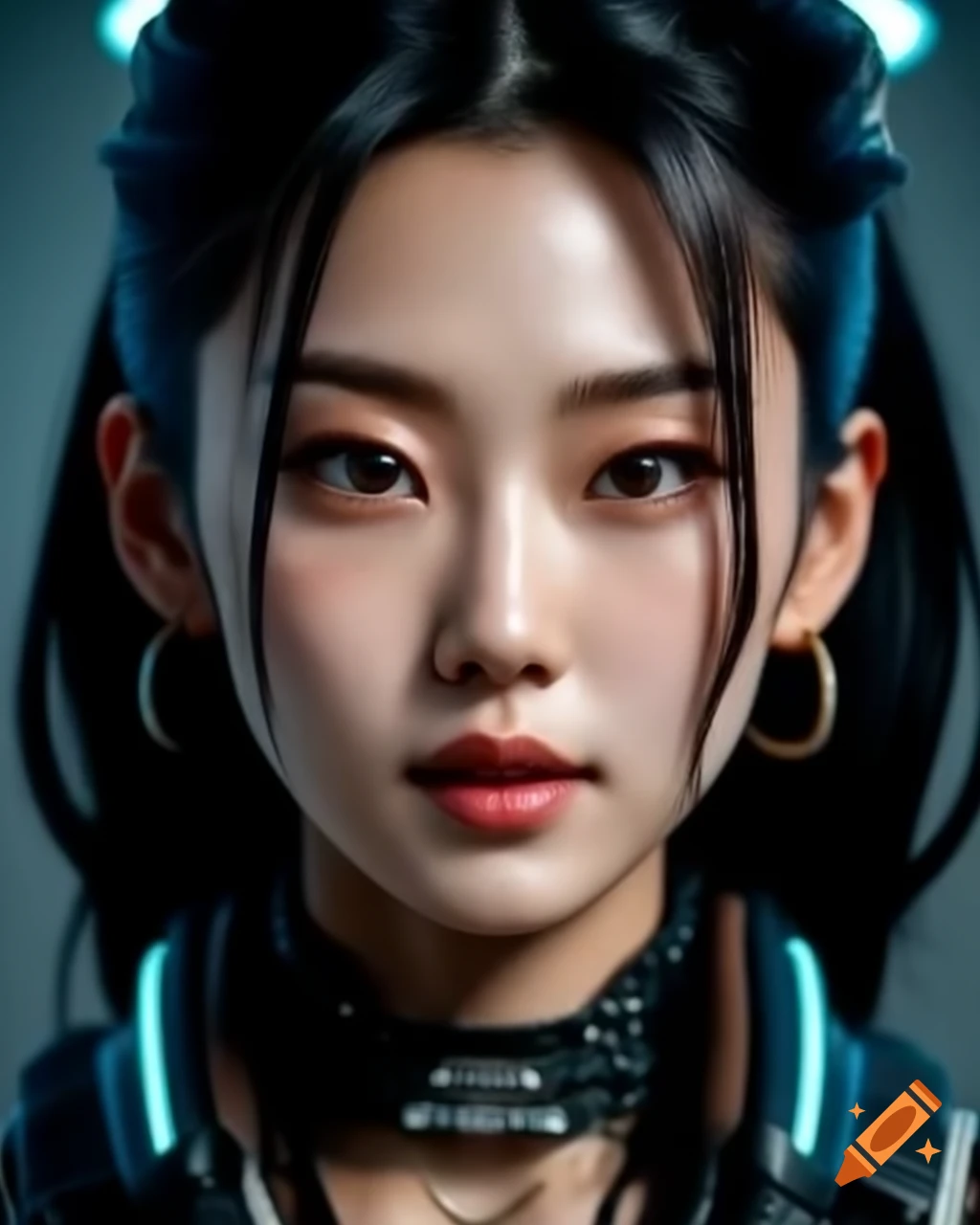 Realistic close-up of a Korean woman in cyberpunk style, high detail with symmetrical features and natural skin